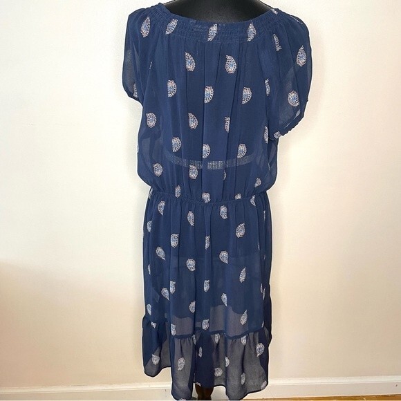 Daisy Fuentes Gaya Evening Dress Sheer Feather Midi Navy Blue Size Large - Picture 2 of 8